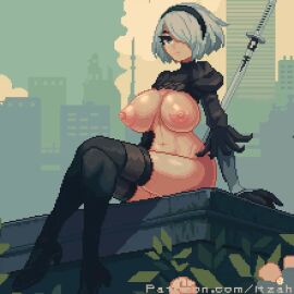 1girls animated black_gloves black_thighhighs blue_sky breasts cloud female female_only functionally_nude gloves hair_between_eyes highres itzah nier:_automata no_bra no_panties nude outdoors pixel_art sky solo sun thighhighs topless topless_female white_hair yorha_2b
