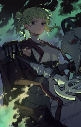 armored_skirt bito_kibi black_eyes cape cowboy_shot dress female gauntlets green_background green_hair hair_bun highres holding holding_staff looking_at_viewer plague_doctor_mask red_cape short_hair solo staff standing tatiana_(unicorn_overlord) twintails unicorn_overlord white_dress