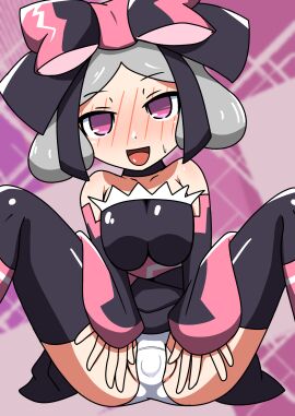 1girls black_choker black_dress black_ribbon blush bow breasts choker dress female grey_hair hairbow medium_breasts moi_moi_(pop'n_music) open_mouth panties pink_eyes pop'n_music presenting presenting_pussy ribbon short_hair solo subshib thighhighs white_panties