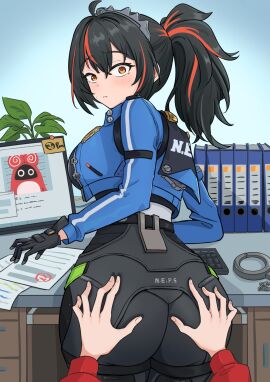 1girls absurdres ass ass_grab black_gloves black_hair black_pants blue_jacket blush commission commissioner_upload female flustered from_behind gloves grabbing grabbing_another's_ass groping hair_ornament highres jacket looking_at_viewer multicolored_hair office orange_eyes pants police police_uniform policewoman ponytail pov pov_hands red_hair streaked_hair tight_clothes tight_pants tinkie two-tone_hair zenless_zone_zero zhu_yuan