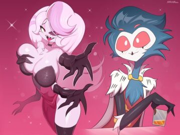 2boys angel_dust_(hazbin_hotel) angel_in_drag_(hazbin_hotel) blue_fur crossdressing drag_(fashion) drag_queen femboy hazbin_hotel hazbin_hotel_(season_2) helluva_boss male male_only markmanez owl owl_demon red_eyes spider stolas_(helluva_boss) tagme vivienne_medrano white_fur