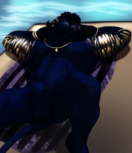 2024 abs animal_genitalia anthro armpit_hair balls beach_towel beard biceps body_hair bracelet chest_tuft closed_eyes facial_hair felid feline fully_sheathed genitals gold_markings hands_behind_head hi_res jewelry lying male mammal mane markings masculine_male movd muscular muscular_legs navel necklace necklace_only nipples nude on_back pecs pubes relaxing sheath solo spread_legs spreading towel triceps tuft water