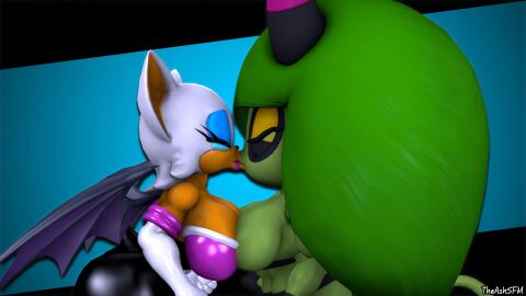 3d 3d_(artwork) 3d_model anthro bat big_breasts breasts chiropteran female female/female female_only green_hair green_skin humanoid kabalmystic kissing lesbian lesbian_kiss lipstick mobian mobian_(species) mobian_bat rouge_the_bat rouge_the_bat_(kabalmystic) sega sonic_(series) sonic_adventure_2 sonic_the_hedgehog_(series) theashsfm white_hair yuri zeena zeti