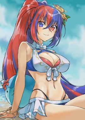 1girls alear_(female)_(seaside_dragon)_(fire_emblem) alear_(fire_emblem) alear_(fire_emblem)_(female) alternate_costume alternate_hairstyle bikini blue_bikini blue_swimsuit breasts criss-cross_halter crossed_bangs female female_only fire_emblem fire_emblem_engage fire_emblem_heroes flower hair_flower hair_ornament halterneck heterochromia medium_breasts multicolored_bikini multicolored_clothes multicolored_hair multicolored_swimsuit navel nintendo official_alternate_costume official_alternate_hairstyle ponytail red_bikini red_swimsuit scratching_arm smile solo sommie_(fire_emblem) split-color_hair swimsuit u7yrfedrjpe1cvb white_bikini white_swimsuit