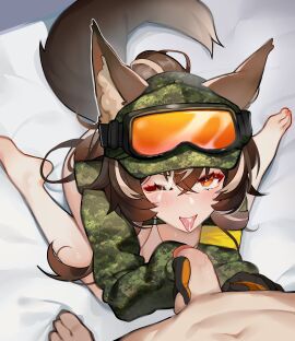 absurdres after_fellatio animal_ears armband blush breasts brown_hair callisto_(greyeth) camouflage camouflage_jacket commission cum cum_in_mouth digital_camouflage facial female fox_ears fox_tail highres jacket male multicolored_hair ninai original penis second-party_source streaked_hair tail tongue tongue_out variant_set yellow_armband