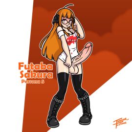 1futa balls bangs black_boots boots bottomless breasts clothed clothing erection futa_only futanari huge_cock human intersex irregular_fetishes large_penis light-skinned_futa light_skin long_hair orange_hair partially_clothed penis persona persona_5 sakura_futaba shirt solo standing testicles thighhighs