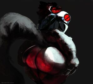 absurd_res anthro ass big_butt digital_media_(artwork) fur hair hi_res huge_butt looking_at_viewer looking_back machine male nude protogen rear_view simple_background solo tail thick_thighs wide_hips yo_zee