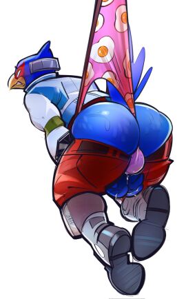 2025 anthro ass atomic_wedgie avian beak big_butt bird blush bodily_fluids boots bottomwear bottomwear_down bulge bulge_from_behind clenched_teeth clothed clothing clothing_pull eye_roll falco_lombardi falcon falconid feathers footwear genital_fluids hanging_by_underwear harryharold headgear hi_res jacket leaking_precum looking_pleasured male narrowed_eyes nintendo pants pants_down partially_clothed pattern_clothing pattern_underwear precum precum_through_clothing precum_through_underwear rear_view shoes simple_background solo star_fox sweat teeth topwear tuft underwear underwear_pull wedgie wet wet_clothing white_background