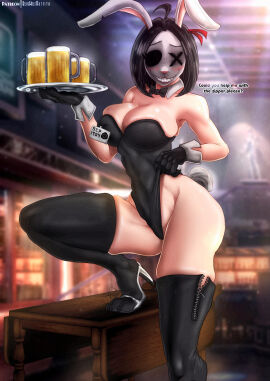 2d 2d_(artwork) beer black_hair bluewolfartista bunny_ears bunny_girl bunny_mask english_text female jackie_barter leotard monster monster_girl nightmare_waifu posing scp-1903 scp_foundation solo test