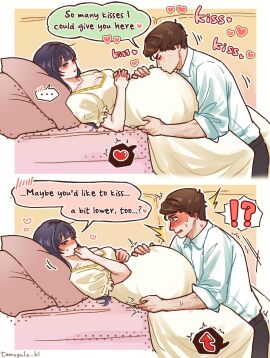 1boy 1girls aroused bed black_hair blush brown_hair clothed comic cute cute_face dialogue dress female freckles horny horny_female inviting kissing kissing_belly love male maternity_clothes maternity_dress original_character pillow pregnant pregnant_female shirt sweat tamayula_hl text turned_on wholesome wholesome_pregnancy