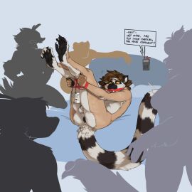 anthro anus arms_tied ass avian balls balls_tuft bed bedroom_eyes bird black_anus black_penis bondage bound brown_hair canid canine canis chastity_cage chastity_device chest_tuft chicken claws convention_badge domestic_ferret edwino22 electronics english_text feet female femboy fist fur furniture gag gagged galliform gallus_(genus) genitals group hair hastity_cage hi_res lanyard legs_up lemur lying lying_on_bed male mammal markings messy_hair mustelid musteline narrowed_eyes nervous nervous_sweat on_back on_bed pablolemurr paws penis penis_grab phasianid pink_chastity_cage polish_chicken prehensile_feet presenting presenting_anus primate questionable_consent radio ring-tailed_lemur robal room_party seductive shaded simple_background solo_focus speech_bubble staff standing strepsirrhine striped_markings striped_tail stripes submissive submissive_male tail tail_markings tail_motion tailwag tan_body tan_fur teeth text toes true_musteline tuft weasel wolf