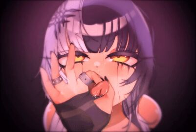 animated animated_gif black_nails fellatio_gesture fingerless_gloves loop rings shiori_novella tagme tongue two_tone_hair yellow_eyes