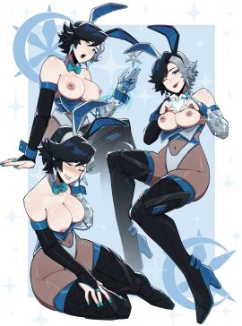 1girls 2d aneurysm.ax axiyo black_hair breasts breasts_out bunny_ears bunny_girl cleavage clothed clothed_female female female_only large_breasts light-skinned_female light_skin luna_snow luna_snow_(marvel_rivals) marvel marvel_comics marvel_rivals pale-skinned_female pale_skin solo_female thick_thighs two-tone_hair white_hair