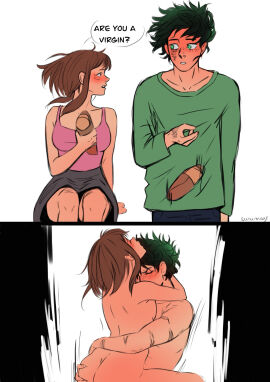 1boy 1boy1girl 1girls are_you_a_virgin?_(meme) arms_around_neck arms_around_partner artist_name artist_signature ass ass_grab blush boku_no_hero_academia breast_press breasts brown_eyes brown_hair canon_couple closed_eyes color comic completely_nude cowgirl_position dialogue embrace english_text female female_penetrated first_time flustered freckles freckles_on_face fully_clothed green_eyes green_hair green_shirt hand_on_another's_ass highres imminent_sex implied_penetration implied_vaginal izuku_midoriya looking_at_another looking_pleasured male male_penetrating male_penetrating_female meme meme_reference midoriya_izuku motion_lines my_hero_academia nude ochako_uraraka pink_shirt pussy reference riding romantic romantic_couple scar scar_on_arm scar_on_face short_hair sideboob speech_bubble spiky_hair straddling straight sunimage surprised tokyo_ghoul uncensored uraraka_ochako vaginal_penetration variant watermark white_background