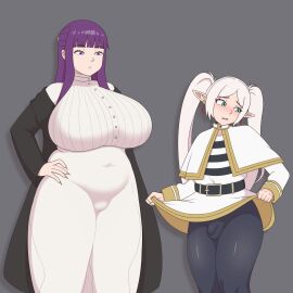 1boy 1girls 2d 2d_(artwork) big_breasts bigger_female breasts bulge busty cosplay crossdressing crossplay earrings embarrassed fat female femboy femboy_frieren fern_(sousou_no_frieren) frieren frieren_(cosplay) frieren_beyond_journey's_end huge_breasts larger_female larger_girl lifting_skirt looking_away male plump pointy_ears robe rule_63 sousou_no_frieren tall_female taller_female tights trap uninterested van_(vanilireph) vanilireph venus_body white-haired_male white_hair