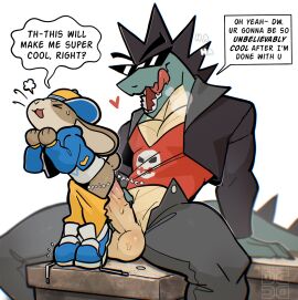 1boy 1girls balls bottomwear clothing crocodilian dax_(piemations) digital_drawing_(artwork) digital_media_(artwork) dullco erection eyewear female female_(lore) footwear genitals glasses hat headgear headwear hi_res how_to_be_cool licking licking_lips male mohawk pants peeb_(piemations) piemations reptile scalie shirt shoes simple_background size_difference speech_bubble tail tongue topwear white_background