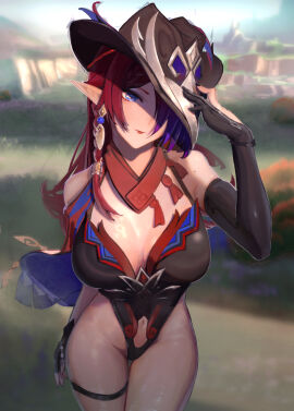 background big_breasts black_leotard black_sleeves blue_eyes breasts chasca_(genshin_impact) clothing elf_ears female female_only genshin_impact hat itamiwose large_breasts leotard natlan_girls red_hair safe_for_work seductive smile stomach thick_thighs thighs wide_hips