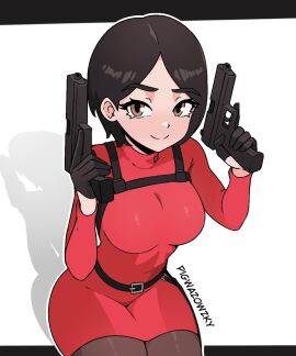 ada_wong big_thighs big_titties black_hair breasts clothing curvaceous curvaceous_female curvaceous_figure curvy curvy_figure curvy_hips female female_focus female_only gun guns looking_at_viewer pigwazowzky resident_evil resident_evil_4 short_hair thigh_highs