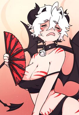 2025 bell_collar big_breasts black_panties blaire_rune blairevt body_markings breasts cleavage closed_eyes collar demon demon_girl demon_horns demon_tail demon_wings devil devil_girl devil_horns devil_tail exposed_shoulders fan fanning fanning_self female hot indie_virtual_youtuber large_breasts nipples_visible_through_clothing nonbinary off-shoulder_shirt panties pointy_ears pubic_tattoo red_stripes short_hair spiked_collar striped_body sweat sweatdrop sweating tank_top thighhighs virtual_youtuber vtuber white_hair