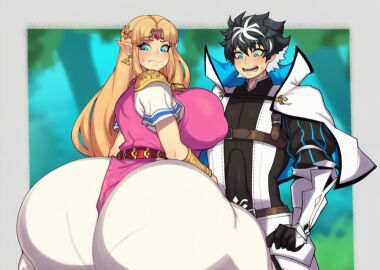 1boy ai_generated areolae ass_in_dress bangs blonde_hair blush boots bottom_heavy bracelet bubble_ass charlemagne_(fate) covered curvaceous curvy dress female gigantic_ass high_heels highres huge_ass huge_breasts hyper hyper_ass hyper_thighs light-skinned_female male male/female multicholored_hair novelai pauldron princess_zelda short_sleeves small_eyebrows tall_female thick_ass thick_thighs thighhighs thunder_thighs tiara tight_dress voluptuous wide_hips zelda_(a_link_between_worlds)