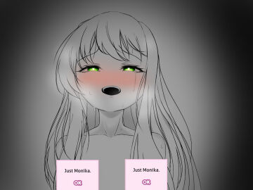 bare_shoulders blush blush_lines collarbone doki_doki_literature_club female green_eyes heart-shaped_pupils long_hair mhmundead miham_moni monika_(doki_doki_literature_club) mouth_open oham_yuri open_mouth