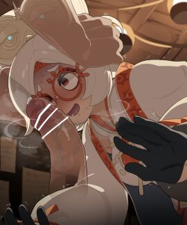 1girls blowjob blush censored disembodied_penis female glasses hand_on_head imminent_fellatio imminent_oral imminent_penetration imminent_sex large_penis male mizumizuni penis purah purah_(tears_of_the_kingdom) tears_of_the_kingdom the_legend_of_zelda white_hair worried