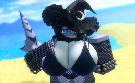 1girls 3d artist_request big_breasts bra breasts female fishnets glasses grey_skin hand_on_breast hyper_breasts panties roblox robloxian shark shark_girl shark_humanoid shark_tail source_request tagme tiger_shark ursula_abe witch_hat
