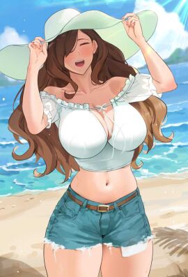 beach belt big_breasts boob_window breasts brown_hair closed_eyes clouds collarbone female female_focus female_only holding_hat jean_shorts kono_subarashii_sekai_ni_shukufuku_wo! light_blush ocean sendrawz smiling summer sun_hat sun_rays tank_top thick_thighs waves wholesome wiz_(konosuba)