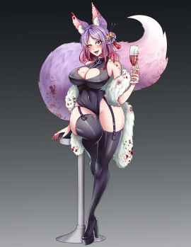 1girls animal_ear_fluff animal_ears blood_on_clothes bodysuit breasts commission female hair_bell hime_tyan_art holding_cup kitsune large_breasts navel original painttool_sai_(medium) purple_eyes purple_hair sitting smile suspenders tail thighhighs two-tone_background two-tone_hair yandere