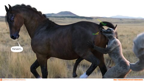 3d animal_genitalia animal_penis anthro anthro_on_feral anus ass brown_body brown_eyes brown_fur butt_sniffing canid canine canine_genitalia canine_penis dialogue digital_media_(artwork) duo english_text equid equine equine_anus equine_genitalia equine_penis erection feral fox fur genitals grass hi_res horse male male/male male_on_feral mammal mountain nude onomatopoeia outside penis plains plant sky sniffing sound_effects speech_bubble talking_feral text url vulpineadonis zoophilia