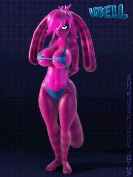 3d animated bikini breasts erect_nipples female furry green_eyes large_breasts pink_skin solo tail