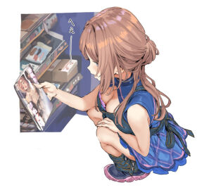 bare_arms black_shoes blue_dress blush book box bra bra_peek breasts brown_hair cardboard_box censored cleavage cleavage_cutout clothing_cutout denim_apron dress employee_uniform female from_above gakuen_idolmaster hamedoragon hand_on_own_knee himesaki_rinami holding holding_book idolmaster looking_at_object manga_(object) medium_breasts official_alternate_costume open_mouth pink_bra plaid_clothes plaid_dress pornography profile revision shoes sleeveless sleeveless_dress sneakers solo squatting underwear