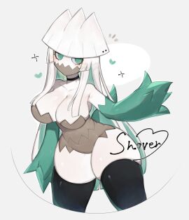 1girls anthro big_breasts black_thighhighs blush breasts choker english_text female female_only generation_4_pokemon green_eyes green_hair hi_res long_hair looking_at_viewer nintendo pokemon pokemon_(species) snover solo text thick_thighs thighhighs toge77789 togetoge two-tone_hair white_background white_hair