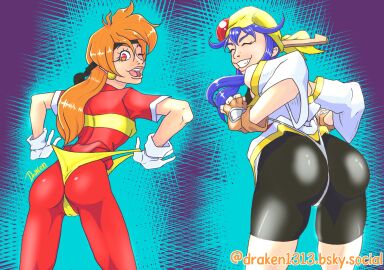 2girls android ass big_ass bike_shorts blue_hair breasts cameltoe crossover curvaceous draken_(artist) duo female female_only gloves human large_breasts light-skinned_female light_skin lime_(saber_j) lina_inverse long_hair panties panties_over_bodysuit panty_pull pussy red_hair saber_marionette_j self_wedgie slayers spats thick_thighs thong wedgie wide_hips