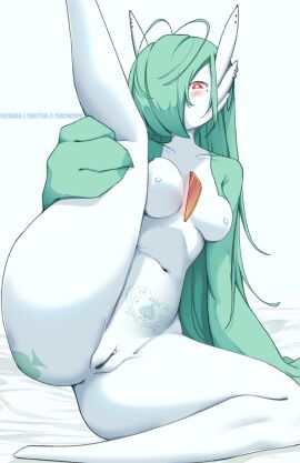 alternate_hair_length alternate_hairstyle antenna_hair anus anus_peek arm_support artist_name ass_tattoo bed_sheet blush breasts clitoral_hood clitoris collarbone colored_sclera colored_skin commentary completely_nude earrings english_commentary female gardevoir green_hair green_skin hair_over_one_eye hand_up highres holding_own_leg humanoid jewelry leaning_to_the_side leg_up legs looking_at_viewer medium_breasts mixed-language_commentary mole mole_under_eye multicolored_skin multiple_earrings navel nipples no_feet nude one_eye_covered patreon_username peach-cup pokemon pokemon_(species) presenting pubic_tattoo pussy queen_of_spades_symbol red_eyes sidelocks sitting solo spade_(shape) spade_tattoo spread_legs stomach stud_earrings tattoo thick_thighs thighs twitter_username two-tone_skin uncensored watermark white_background white_skin yellow_sclera