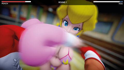 1boy 1girls 3d big_breasts big_hips bikini blonde_hair boxing boxing_gloves breasts earrings female female_focus fight fighting gameplay_mechanics light-skinned_female light_skin male male_pov mario_(series) mixed_boxing mmd pink_bikini pink_boxing_gloves pov princess princess_peach red_boxing_gloves ryona strong_female swimsuit ultimabox