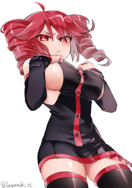 1girls ahoge annoyed belt big_breasts black_skirt black_sleeves black_thighhighs blush breasts bright_pupils buttons closed_mouth cowboy_shot degarashi_01 detached_sleeves double-parted_bangs drill_hair female female_only hair_between_eyes hands_up kasane_teto large_breasts long_sleeves looking_at_viewer miniskirt pleated_skirt push-button red_belt red_eyes red_hair shirt sideboob simple_background skirt skirt_set sleeveless sleeveless_shirt sleeves_past_elbows solo thighhighs thighs twin_drills twitter_username utau white_background white_pupils zettai_ryouiki