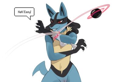 2024 anthro bassenji black_hands blue_body blue_fur chest_spike claws cuntboy dialogue english_text fur generation_4_pokemon genitals grin hi_res intersex lucario nintendo pokeball pokemon pokemon_(species) portrait pussy red_eyes simple_background smile solo sound_effects speech_bubble spikes spikes_(anatomy) standing tan_body tan_fur text three-quarter_portrait white_background