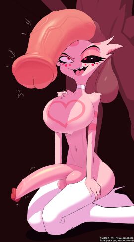 2024 2boys absurd_res angel_dust angel_dust_(hazbin_hotel) anthro arachnid arthropod balls big_penis chest_tuft demon dracreloaded duo equine_penis femboy genitals hazbin_hotel hi_res horsecock looking_up male male/male open_mouth penis spider teeth tongue tuft