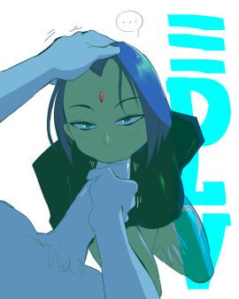 1boy 1girls blowjob bottomless_male clothed_female edalv fellatio female hand_on_head kneeling light_pubic_hair long_penis looking_up_at_partner male male_pubic_hair nipples_visible_through_clothing oral_sex penis pubic_hair raven_(dc) stroking_penis tagme teen_titans text_bubble
