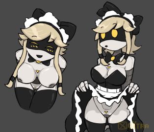 android anthro areola barely_visible_genitalia barely_visible_pussy big_breasts blush blush_lines bottomless bottomwear bow_tie breasts cleavage clothed clothing clothing_lift cyn_(murder_drones) dress dress_lift eyebrow_through_hair eyebrows female female_only fingers genitals glitch_productions grey_background hair humanoid legwear lifting_dress looking_at_viewer machine maid maid_headdress maid_outfit maid_uniform metallic_body murder_drones nipples oxtra presenting_pussy pussy revealing_pussy robot robot_girl robot_humanoid screen screen_face simple_background skirt skirt_lift solo stockings thigh_gap thigh_highs translucent translucent_hair twintails twintails_(hairstyle) uniform upskirt watermark white_body white_skin worker_drone yellow_eyes