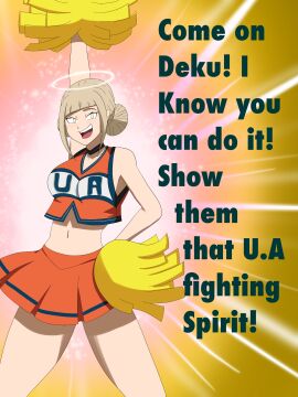 absurdres blonde_hair breasts cheerleader femsub happy_trance himiko_toga large_breasts mind_break my_hero_academia navel open_mouth purification short_hair simple_background smile standing straight-cut_bangs syas-nomis text tongue u.a._cheerleader_outfit