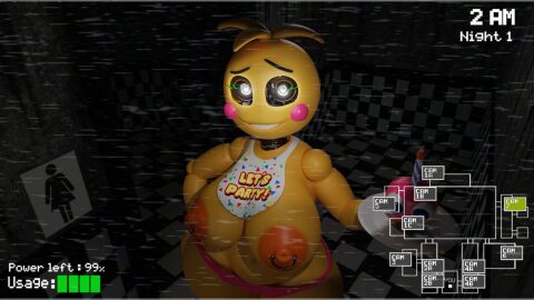 3d 3d_model 3d_render animatronic anthro ass bib big_ass big_breasts big_nipples breasts camera camera_view chica_(fnaf) chicken cupcake cupcake_(fnaf) digital_media_(artwork) female five_nights_at_freddy's fnaf fnaf1_location huge_breasts hyper_ass indoors kein_wal night poster robot robot_girl scottgames seductive sharp_teeth solo thick_thighs toy_chica_(fnaf) toy_chica_(love_taste) white_eyes yellow_body