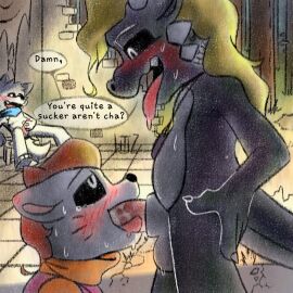 3_toes 4_fingers animal_genitalia anthro balls black_sclera blonde_hair blush blush_lines bodily_fluids brick brick_wall broken_tile canid canine canis dark_body dialogue dragon drooling duo ear_blush fabric feet felid feline fellatio fingers floor forest fungus fur furniture genital_fluids genitals grass group gynomorph hair hand_on_hip intersex jewelry jhon_(jhon's_story) kneeling long_hair long_tail looking_down looking_down_at_another looking_pleasured looking_up looking_up_at_another male mammal mostly_nude multicolored_body mushroom mythological_creature mythological_scalie mythology note oral orange_hair pendant pendant_only penile penis penis_in_mouth plant precum protective_suit pupils rock saliva scalie scarf scarf_only sex shaded shadow sheath short_hair snout speech_bubble spikes standing stool sucking sweat sweaty_balls sweaty_genitalia tail tears tears_of_pleasure thomas_(thomas's_story) tile tile_floor toes tongue tongue_out tree trio under_shade unnamed_character valken_holmes wall_(structure) watermark whiskers white_body white_fur white_hair white_pupils wolf