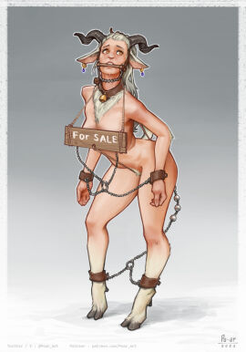 animal_humanoid antlers bit_gag bit_gagged bondage bound breasts chain_bondage chained chains convenient_censoring deer_girl deer_humanoid female for_sale gag gagged hooves leash medium_breasts nude piercing po-ar restrained slave slavery standing