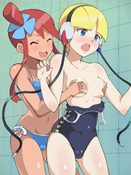 2boys bare_arms bare_belly bare_legs bare_shoulders bare_thighs bathroom belly_button big_breasts bikini blonde_hair blue_bikini blue_eyes blue_swimsuit blush breast_grab breasts breasts_out cameltoe chocolate_and_vanilla cleavage closed_eyes collarbone elesa_(pokemon) elesa_(pokemon_bw) embarrassed female female_only game_freak groin groping groping_from_behind gym_leader hair_ornament headphones interracial interracial_yuri light-skinned_female light_skin long_hair male medium_breasts momogesomaru nintendo nipples one-piece_swimsuit one-piece_swimsuit_pull open_mouth pokemon pokemon_bw pussy red_hair shiny_skin short_hair side-tie_bikini_bottom sidelocks skyla_(pokemon) smile standing surprised swimsuit tan-skinned_female tan_skin thighs yuri