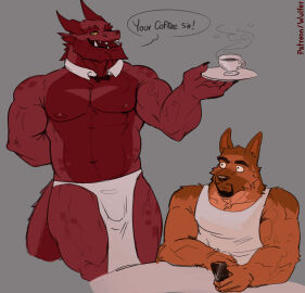 anthro biceps canid canine canis domestic_dog dragon duo fur german_shepherd herding_dog hi_res male male/male mammal muscles mythological_creature mythological_scalie mythology nipples pastoral_dog red_body red_scales scales scalie shouty_(xshouty) vein veiny_muscles wulfer-shepherd wulfer_(character)