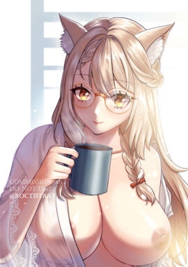 animal_ear_fluff animal_ears areolae bangs blonde_hair braid breasts cat_ears coffee_mug collarbone cup ebiko_(vtuber) female glasses holding holding_cup indie_virtual_youtuber large_breasts long_hair looking_at_viewer mug nipples one_breast_out open_clothes open_robe open_shirt roctis_tray round_eyewear see-through shirt smile solo steam upper_body virtual_youtuber window yellow-framed_eyewear yellow_eyes
