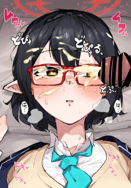 1boy ayane_(blue_archive) bar_censor black_hair blue_archive blush censored collared_shirt commentary_request cum cum_on_glasses cum_on_hair ejaculation erection facial female glasses halo heart highres looking_at_penis lying male necktie on_back penis penis_awe pointy_ears red-framed_eyewear school_uniform shirt solo_focus straight sweat takutaku12364 upper_body yellow_eyes