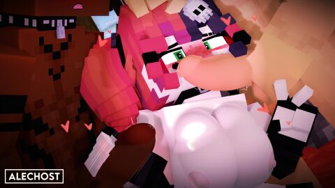 1girls 2boys 3d alec_(alechostmc) alechostmc armwear artist_logo artist_name artist_self-insert black_hair blush blushing breasts choker collar dark-skinned_male dark_skin ellie_walls_(odysseyellie) emanata female goth goth_girl green_eyes handjob heart imminent_oral imminent_sex indoors interracial jem_(chaosdiamond) large_breasts light-skinned_female light_skin male mine-imator minecraft mmf_threesome motion_lines muscular muscular_male nipples nude nude_female nude_male odysseyellie open_mouth precum red_hair straight threesome twintails v_sign vignette